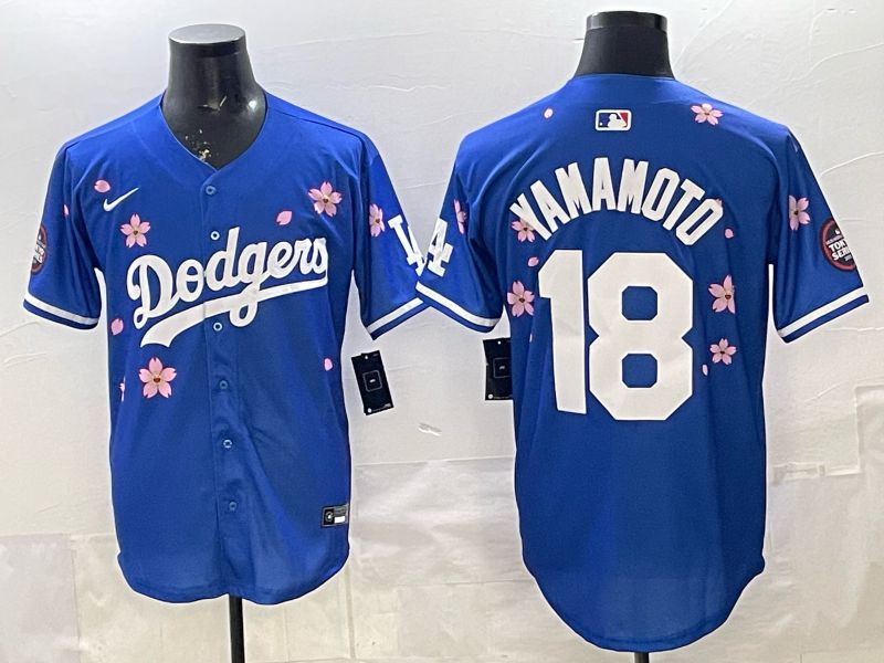 Men 2025 Los Angeles Dodgers #18 Yamamoto Blue Sakura Edition Nike MLB Jersey style 001->los angeles dodgers->MLB Jersey